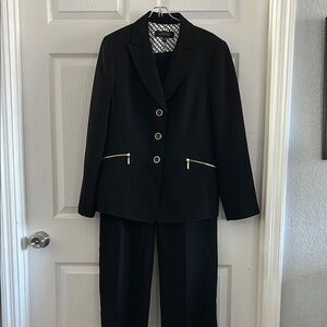 Women's Kasper Black Pant Suit with Gold Accents.